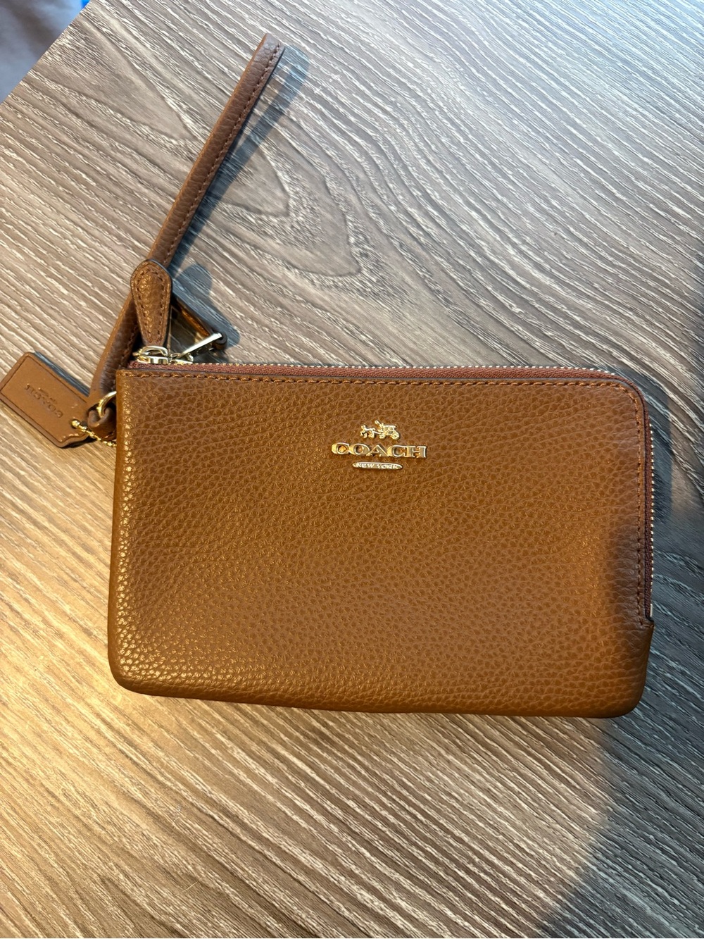 COACH Double Zip Wristlet Pebble Leather Wallet Clutch Light Saddle Tan Brown